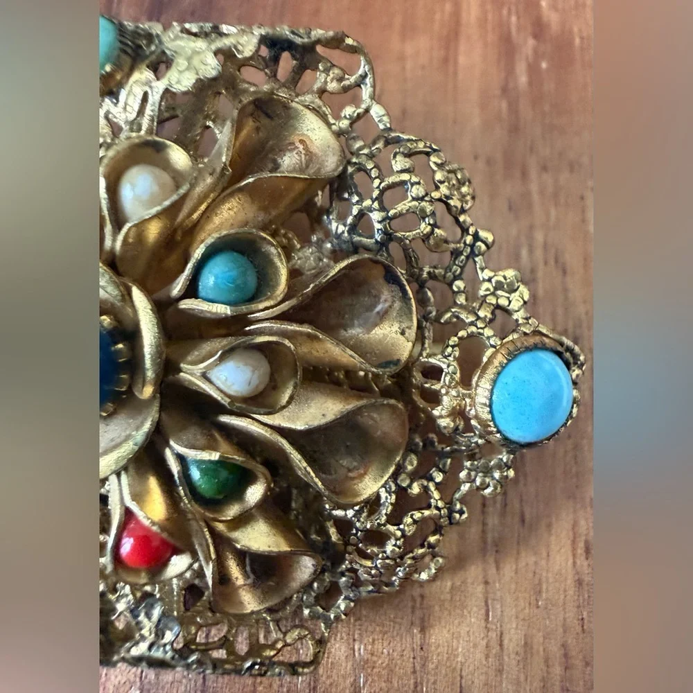 Vintage Gold Tone Filigree Brooch with Blue and Turquoise Plastic Accents